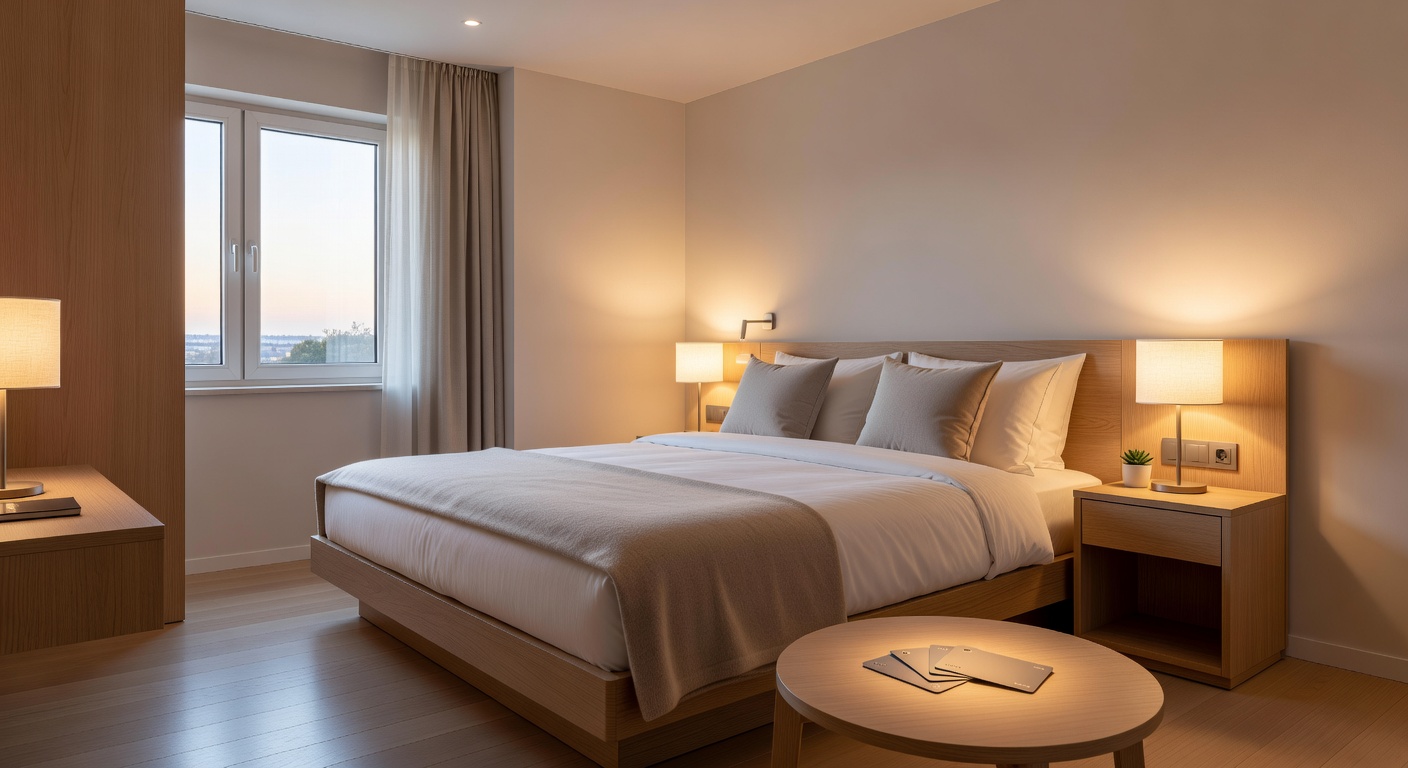 Standard double hotel room with warm lighting