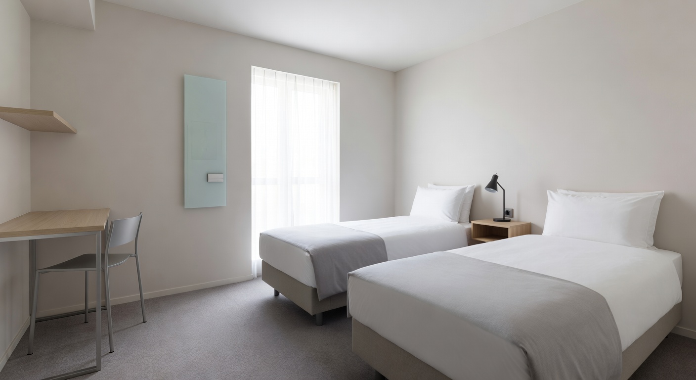 Twin room in budget hotel with minimalist design